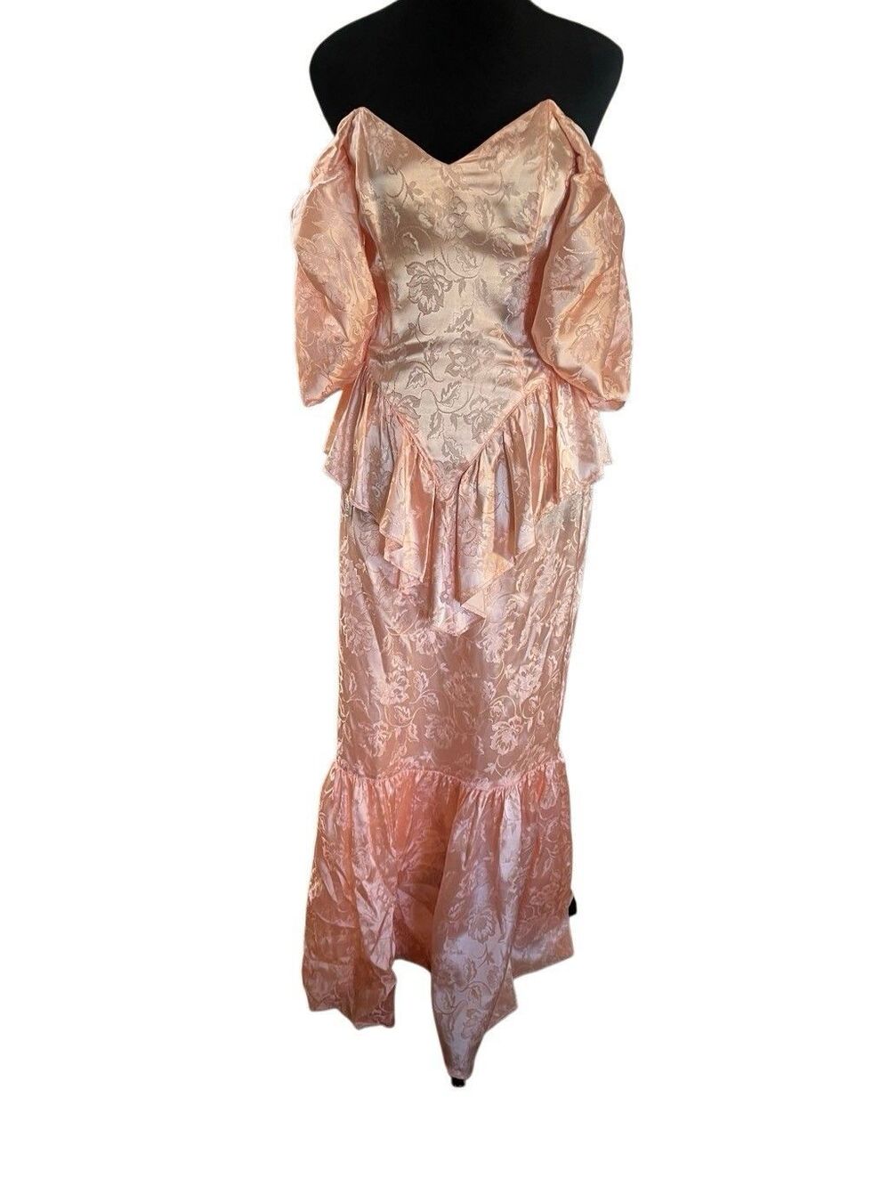 1980 VTG Gunne Sax Pink Floral Satin Puff Sleeve Ruffle Gown Size 7 - Picture 2 of 10
